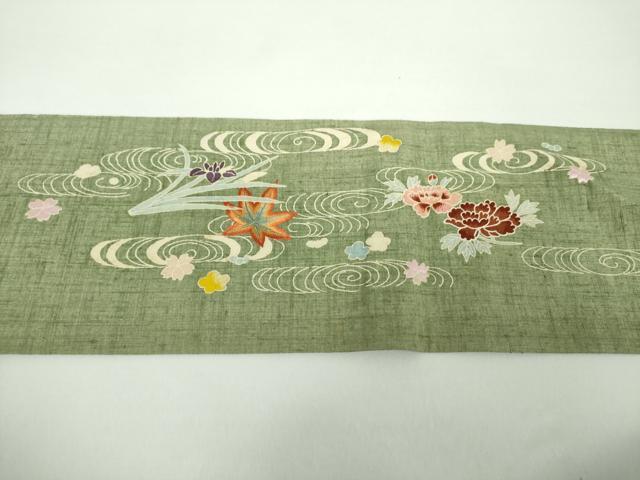 平和屋着物●九寸名古屋帯 生紬 刺繍 竜田川花文 正絹 逸品 DAAX4788ps