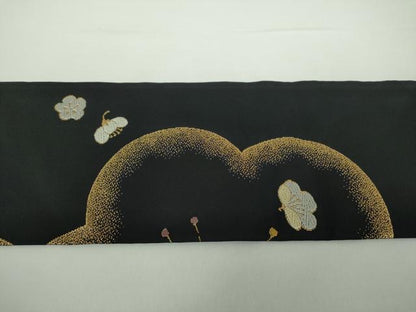平和屋着物●九寸名古屋帯 唐織 舞梅 黒地 金糸 正絹 逸品 DAAX4782ps