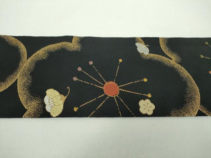 平和屋着物●九寸名古屋帯 唐織 舞梅 黒地 金糸 正絹 逸品 DAAX4782ps