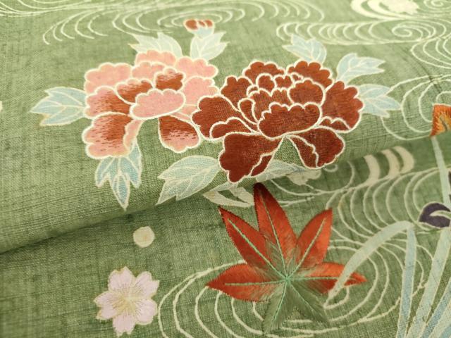 平和屋着物●九寸名古屋帯 生紬 刺繍 竜田川花文 正絹 逸品 DAAX4788ps