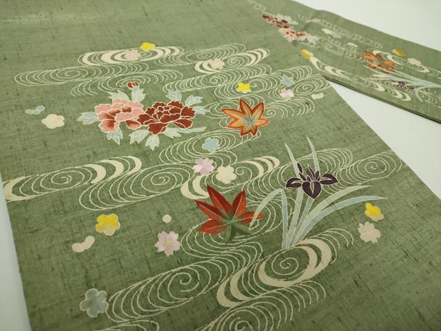 平和屋着物●九寸名古屋帯 生紬 刺繍 竜田川花文 正絹 逸品 DAAX4788ps