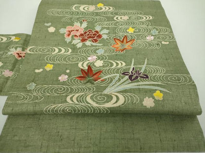 平和屋着物●九寸名古屋帯 生紬 刺繍 竜田川花文 正絹 逸品 DAAX4788ps