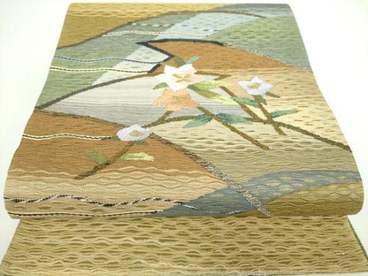 平和屋着物▽太鼓柄袋帯 スリーシーズン帯 春 夏 秋 すくい織 枝花文 金糸 正絹 逸品 未使用 DAAX4876ps