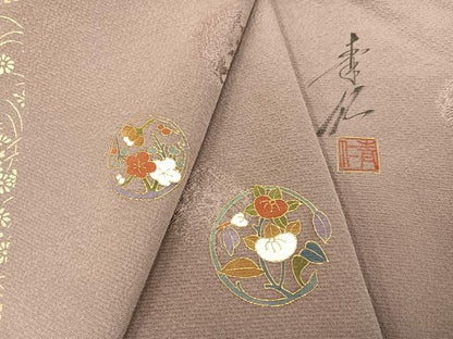 平和屋着物●友禅作家の巨匠　浅井青仁　色留訪問着　草花文　金彩　正絹　逸品　AABB7213ph