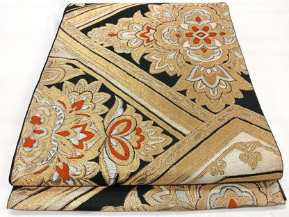 平和屋着物◎六通柄 本袋帯 更紗花文 黒地 金糸 正絹 逸品 CAAX9877xe