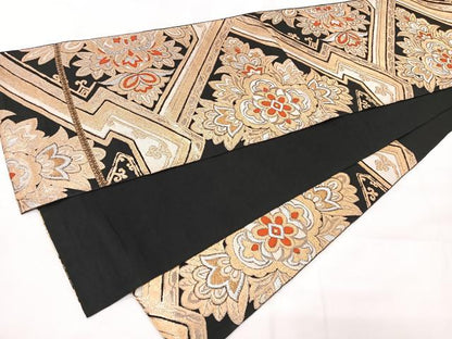 平和屋着物◎六通柄 本袋帯 更紗花文 黒地 金糸 正絹 逸品 CAAX9877xe