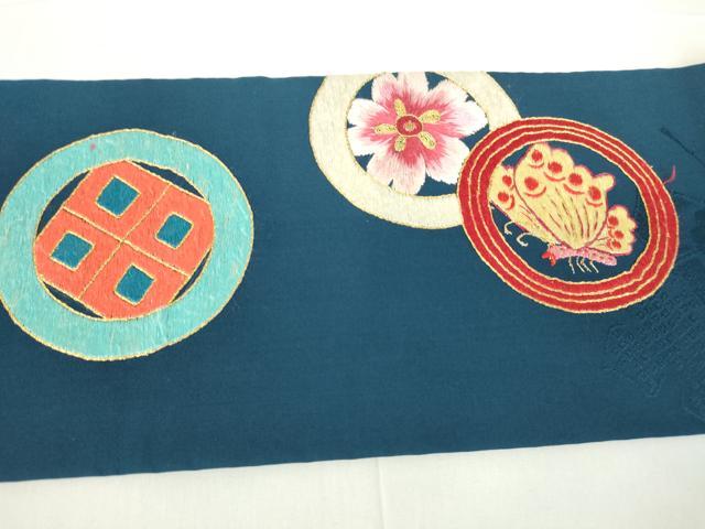 平和屋着物●アンティーク　大正ロマン　九寸名古屋帯　駒刺繍　花蝶丸文　金糸　正絹　逸品　DAAX3375az