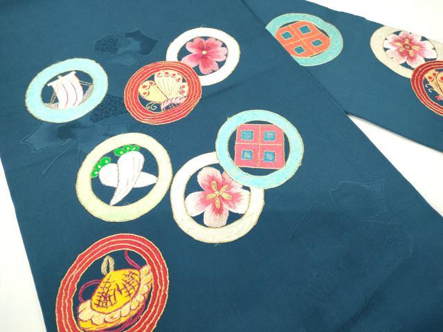 平和屋着物●アンティーク　大正ロマン　九寸名古屋帯　駒刺繍　花蝶丸文　金糸　正絹　逸品　DAAX3375az