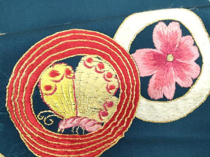 平和屋着物●アンティーク　大正ロマン　九寸名古屋帯　駒刺繍　花蝶丸文　金糸　正絹　逸品　DAAX3375az