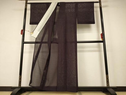 平和屋着物＊夏物 色無地 絽 枝葉紋紗 黒紅色 正絹 逸品 AABB6713jd