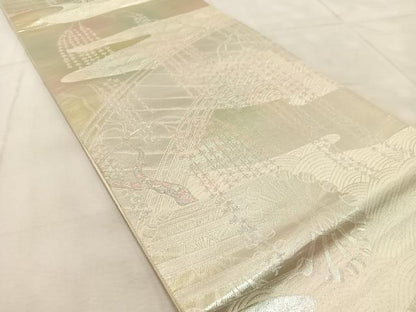平和屋着物◎六通柄袋帯　唐織　渡橋水車文　銀糸　引箔　正絹　逸品　BAAU9702yc