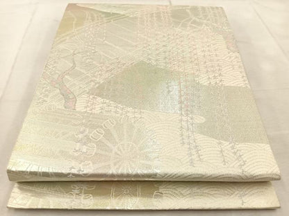 平和屋着物◎六通柄袋帯　唐織　渡橋水車文　銀糸　引箔　正絹　逸品　BAAU9702yc