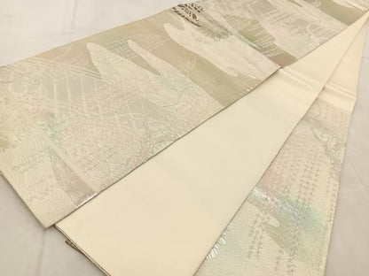 平和屋着物◎六通柄袋帯　唐織　渡橋水車文　銀糸　引箔　正絹　逸品　BAAU9702yc