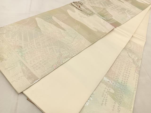 平和屋着物◎六通柄袋帯　唐織　渡橋水車文　銀糸　引箔　正絹　逸品　BAAU9702yc