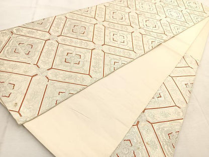 平和屋着物◎六通柄 本袋帯 唐織 白馬錦 幾何学花文 銀糸 正絹 逸品 BAAU9800yc