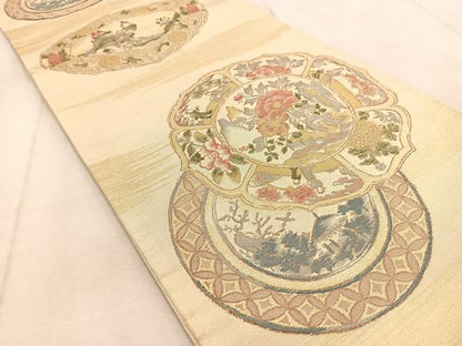 平和屋着物◎六通柄袋帯 花絵皿 金糸 正絹 逸品 BAAU9798yc