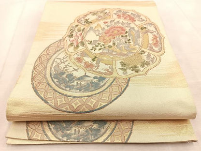 平和屋着物◎六通柄袋帯 花絵皿 金糸 正絹 逸品 BAAU9798yc