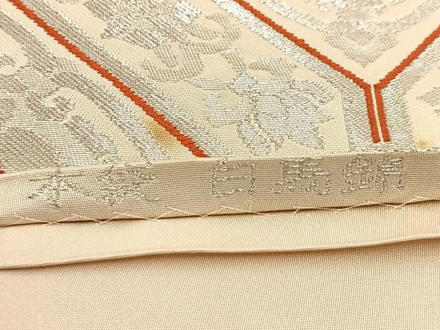 平和屋着物◎六通柄 本袋帯 唐織 白馬錦 幾何学花文 銀糸 正絹 逸品 BAAU9800yc