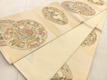 平和屋着物◎六通柄袋帯 花絵皿 金糸 正絹 逸品 BAAU9798yc