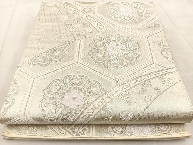 平和屋着物◎六通柄袋帯　唐織　亀甲花文　銀糸　正絹　逸品　BAAU9914yc