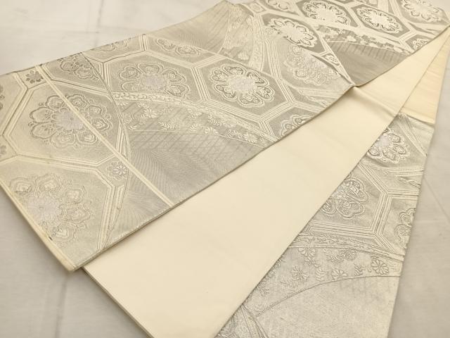 平和屋着物◎六通柄袋帯　唐織　亀甲花文　銀糸　正絹　逸品　BAAU9914yc