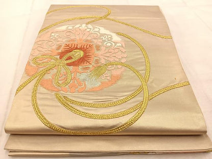 平和屋着物◎太鼓柄袋帯　総刺繍　鏡裏文　金糸　正絹　逸品　BAAU9900yc