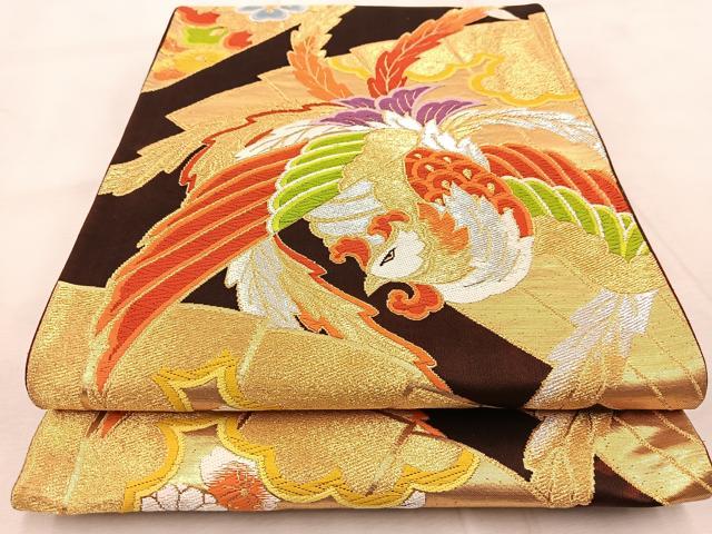 平和屋着物◎六通柄袋帯　唐織　鳳凰檜扇花文　金銀糸　正絹　逸品　BAAU9928yc