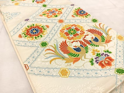 平和屋着物◎六通柄袋帯　唐織　向かい鳳凰花菱文　金糸　正絹　逸品　BAAU9944yc