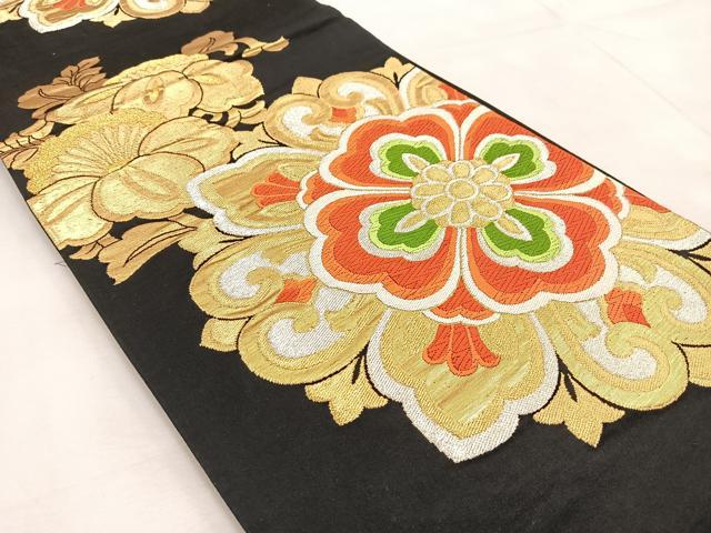 平和屋着物◎六通柄袋帯　唐織　正倉院花文　黒地　金銀糸　正絹　逸品　BAAU9933yc