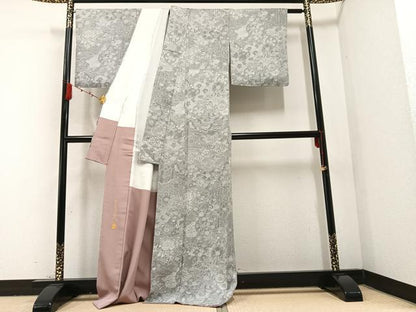 平和屋着物●山岡古都・古都染人　染織美術品　薬墨染　天目織　お召　草花文　正絹　逸品　未使用　AABB7263ph