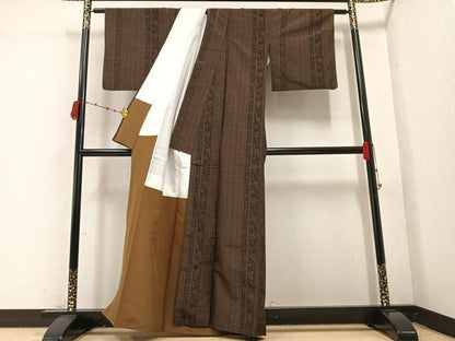 平和屋着物●上質な紬 花唐草間道 正絹 逸品 AABB7279ph