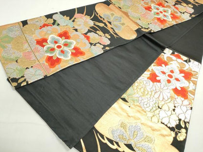 平和屋着物◎六通柄袋帯　唐織　正倉院花文　黒地　金銀糸　正絹　逸品　DAAX7712qa
