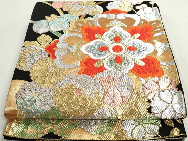 平和屋着物◎六通柄袋帯　唐織　正倉院花文　黒地　金銀糸　正絹　逸品　DAAX7712qa