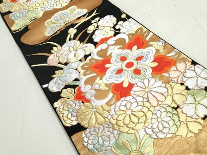 平和屋着物◎六通柄袋帯　唐織　正倉院花文　黒地　金銀糸　正絹　逸品　DAAX7712qa