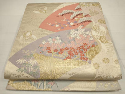平和屋着物◎六通柄袋帯 松竹梅 地紙飛鶴文 金糸 正絹 逸品 AABB4881wj