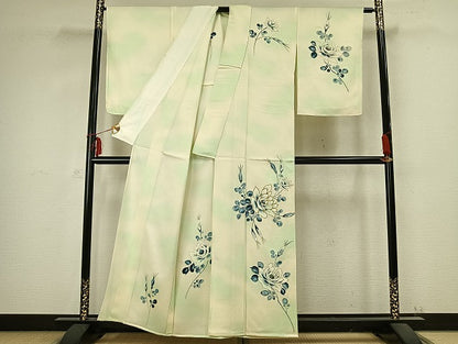 平和屋着物▽訪問着 単衣 駒刺繍 枝花文 暈し染め 金彩 正絹 逸品 AABB2278fy