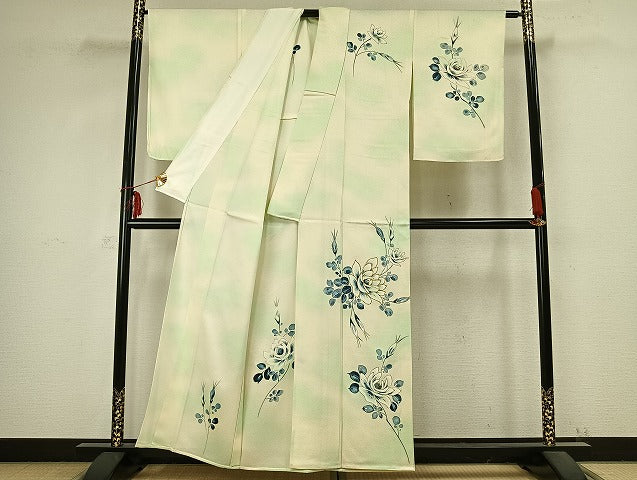 平和屋着物▽訪問着 単衣 駒刺繍 枝花文 暈し染め 金彩 正絹 逸品 AABB2278fy