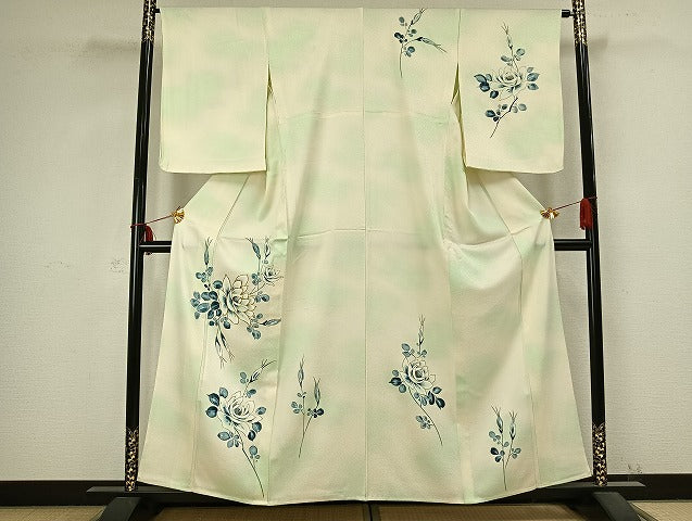 平和屋着物▽訪問着 単衣 駒刺繍 枝花文 暈し染め 金彩 正絹 逸品 AABB2278fy