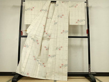 平和屋着物▽上質な紬 単衣 草花文 正絹 逸品 未使用 AABB2276fy
