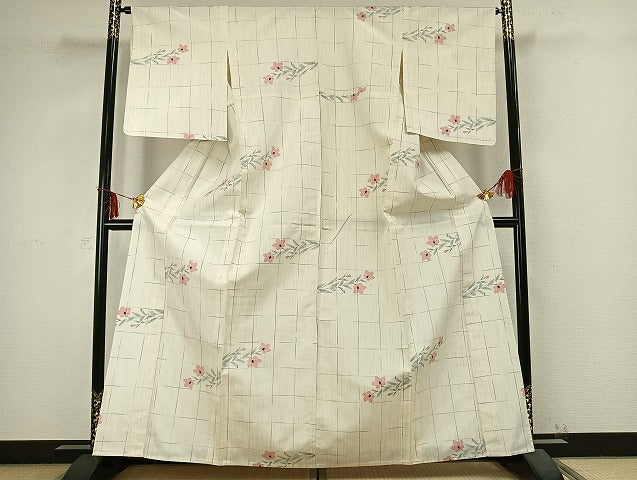 平和屋着物▽上質な紬 単衣 草花文 正絹 逸品 未使用 AABB2276fy