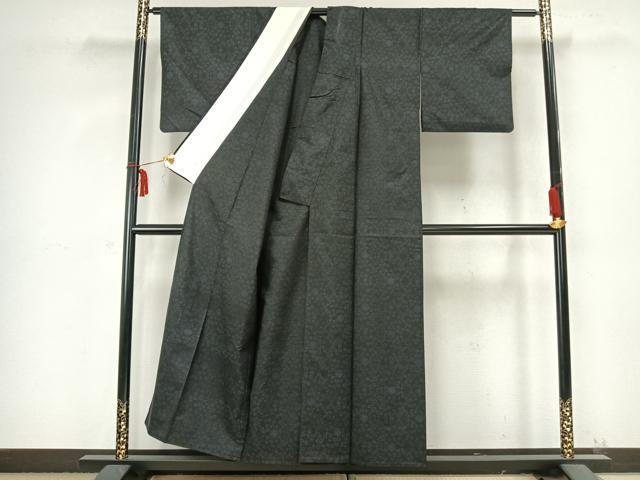 平和屋着物▽本場大島紬 単衣 花唐草文 黒地 正絹 逸品 AABB2281fy
