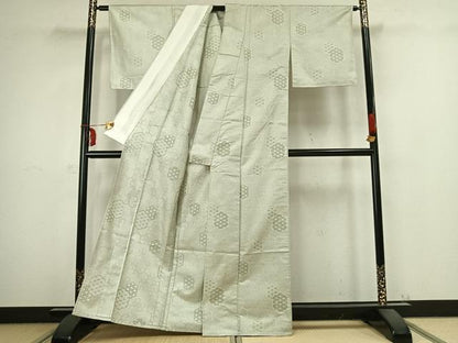平和屋着物▽お召 単衣 亀甲麻の葉文様 正絹 逸品 AABB2331fy