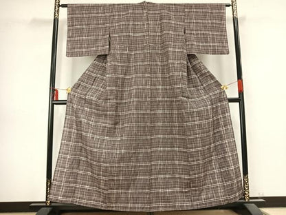 平和屋着物▽上質な紬　単衣　格子　正絹　逸品　AABB2344fy