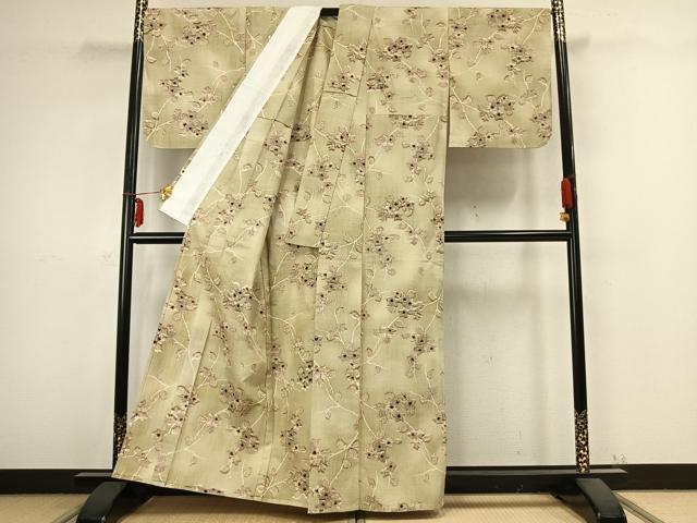 平和屋着物▽上質な紬　単衣　枝花文　正絹　逸品　AABB2339fy