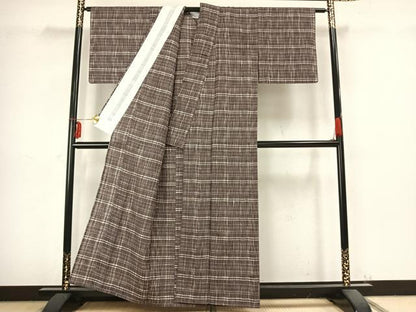 平和屋着物▽上質な紬　単衣　格子　正絹　逸品　AABB2344fy