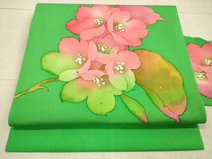 平和屋着物●塩瀬 九寸名古屋帯 ろうけつ染め 作家物 手描き 草花文 正絹 逸品 DAAX8528cm