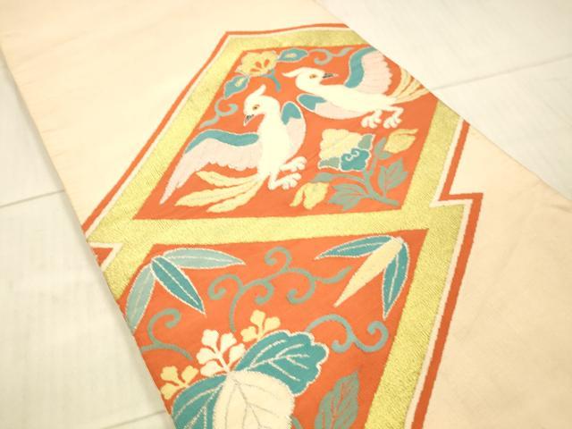 平和屋着物●爪掻き本綴れ　六通柄袋帯　向かい鳥花唐草文　金銀糸　正絹　逸品　DAAX5994cm