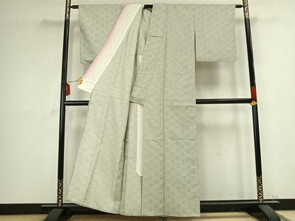 平和屋着物▽上質な紬 単衣 麻の葉文様 正絹 逸品 AABB2374fy