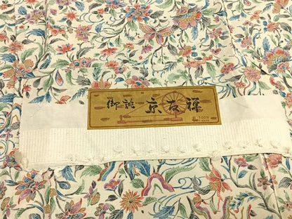 平和屋着物▽上質な紬 単衣 京友禅 花蝶文 反端付き 正絹 逸品 AABB2367fy