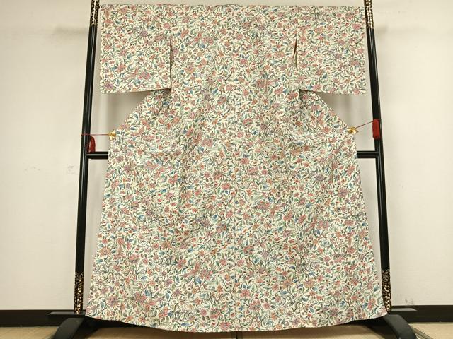 平和屋着物▽上質な紬 単衣 京友禅 花蝶文 反端付き 正絹 逸品 AABB2367fy